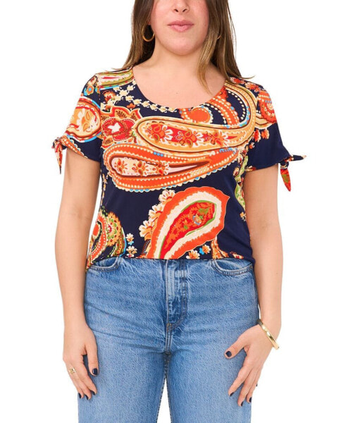 Petite Tie-Cuff Paisley-Print Split-Sleeve Top