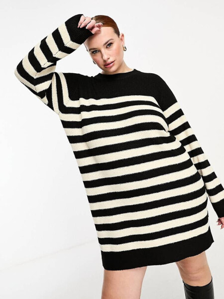 Threadbare Plus Evie midi jumper dress in black and white stripe