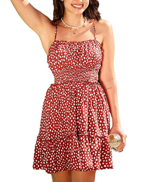 Women's Red Sleeveless Square Neck Polka Dot Mini Beach Dress