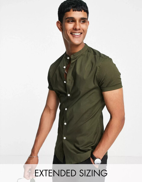 ASOS DESIGN skinny fit shirt with grandad collar in khaki