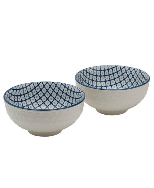 6.5" White Embossed Diamond Stoneware Ramen Noodle Bowls, Set of 2