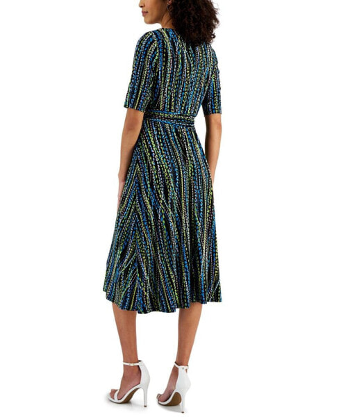 Petite Abstract-Print Belted Elbow-Sleeve Dress