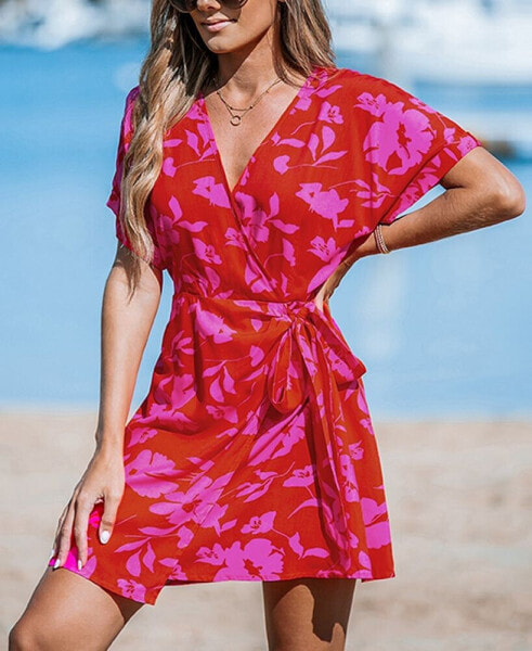 Women's Pink Floral Side Tie Wrap Mini Beach Dress