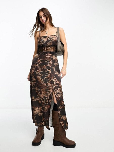 Reclaimed Vintage satin slip dress in grunge print with lace details