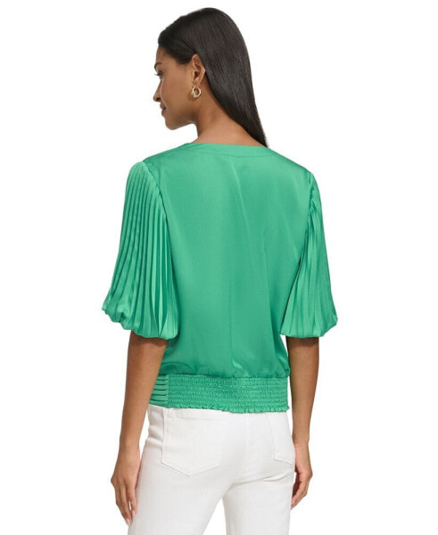 Women's Surplice Pleated-Sleeve Top