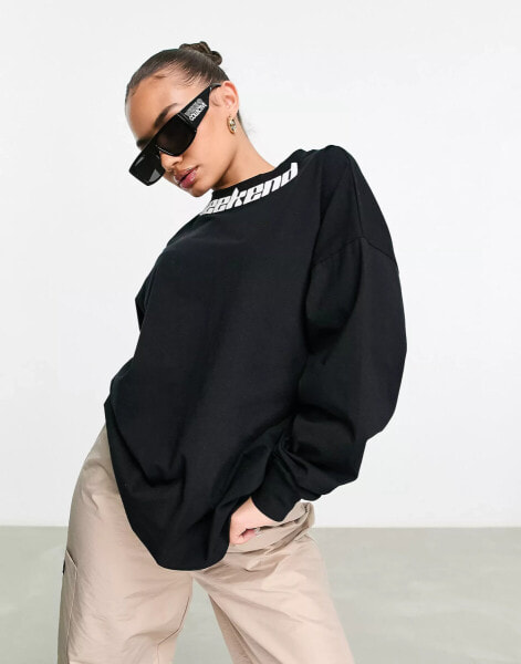 ASOS Weekend Collective oversized long sleeve t-shirt with collar logo in black