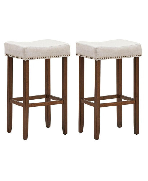 Set of 2 Nailhead Saddle Bar linen Stools 29.5'' Height W/ Fabric Seat & Wood Legs