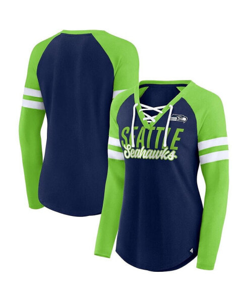 Women's College Navy, Neon Green Seattle Seahawks True to Form Raglan Lace-Up V-Neck Long Sleeve T-shirt