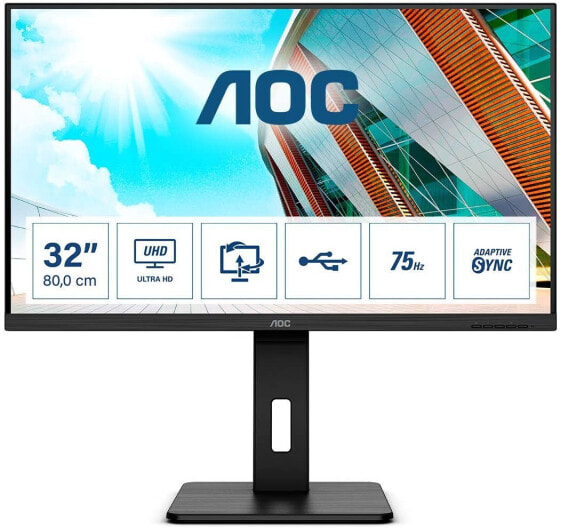 AOC U32P2 - 32 Inch UHD Monitor, Height-Adjustable (3840 x 2160, 75 Hz, HDMI 2.0, DisplayPort, USB Hub) Black