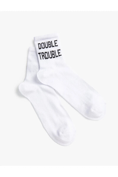 Slogan Işlemeli Soket Çorap