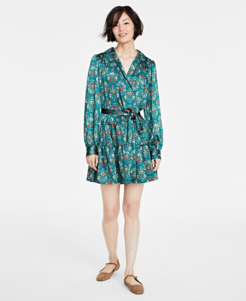 Women's Floral-Print Satin Collared Wrap Dress, Created for Macy's