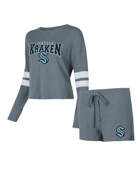 Women's Charcoal Distressed Seattle Kraken Meadow Long Sleeve T-shirt and Shorts Sleep Set