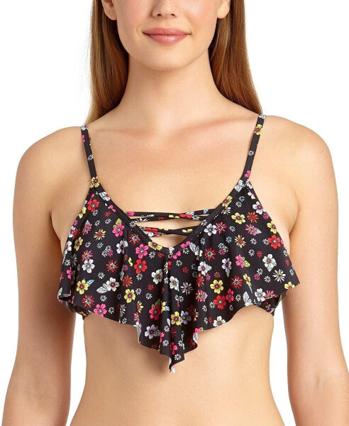 California Waves 259196 Women Juniors Floral Flounce Bikini Top Swimwear Size S