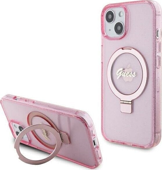 Guess Guess GUHMP15SHRSGSP iPhone 15 6.1" różowy/pink hardcase Ring Stand Script Glitter MagSafe