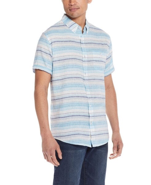 Men's Short Sleeve Stripe Linen Cotton Shirt