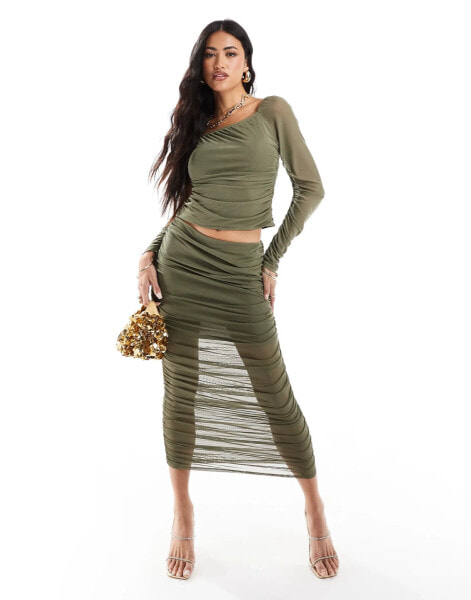 ASOS DESIGN co-ord ruched maxi skirt in khaki