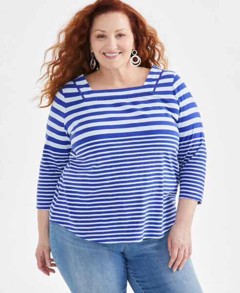 Plus Size Printed Cotton Square-Neck Top, Created for Macy's