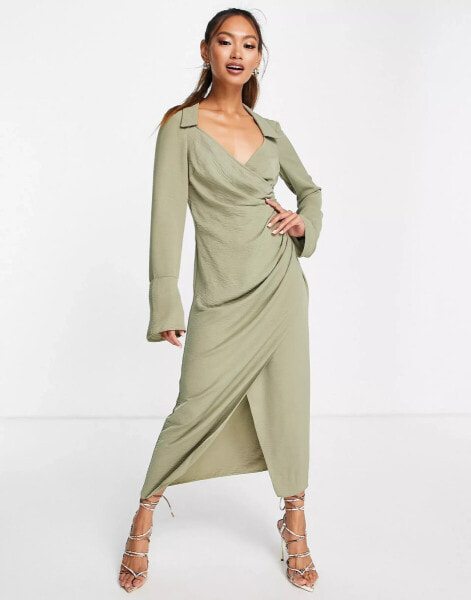 ASOS DESIGN 70s drape front wrap midi dress in khaki