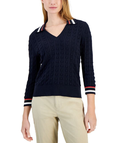 Women's Cotton Striped-Collar Cable-Knit Sweater