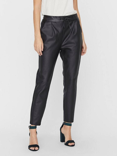 Vero Moda leather look joggers with tie waist in black