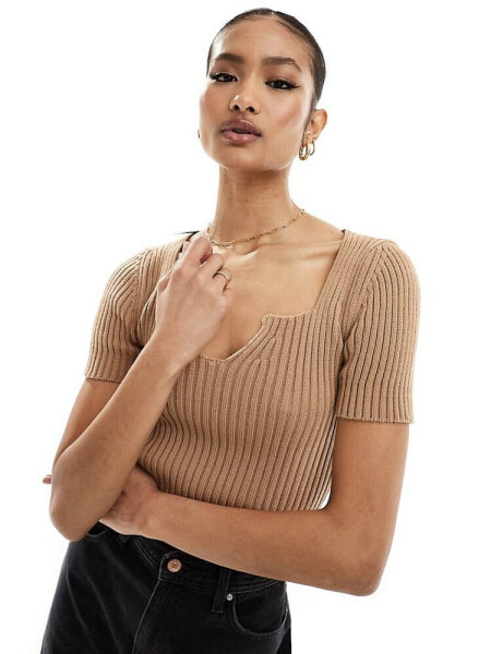 Fashionkilla knitted v neck top in brown