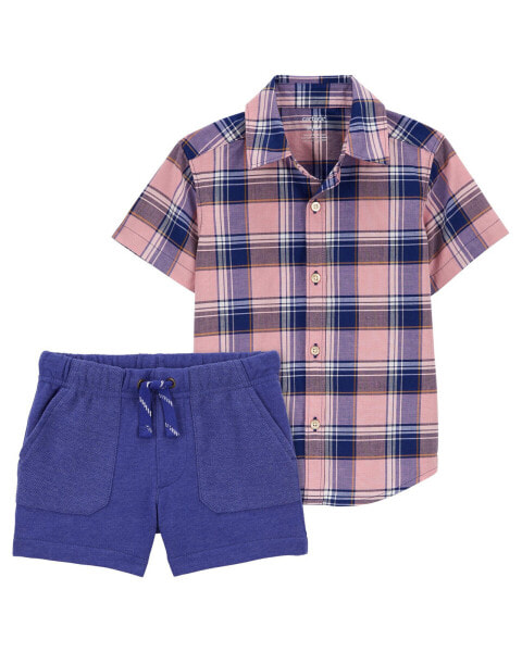 Toddler 2-Piece Plaid Button-Down Shirt Pull-On French Terry Shorts Set 2T