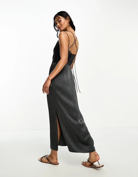 & Other Stories satin open back midi dress in dark grey