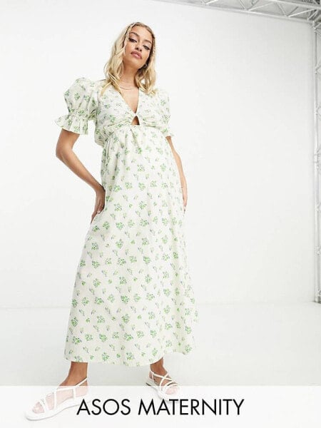 ASOS DESIGN Maternity cotton midi smock dress in cream based green floral print 