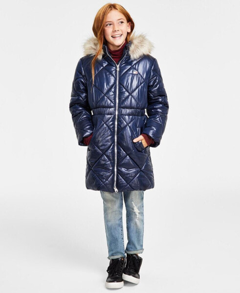 Big Girls Diamond Quilt Long Hooded Puffer Jacket