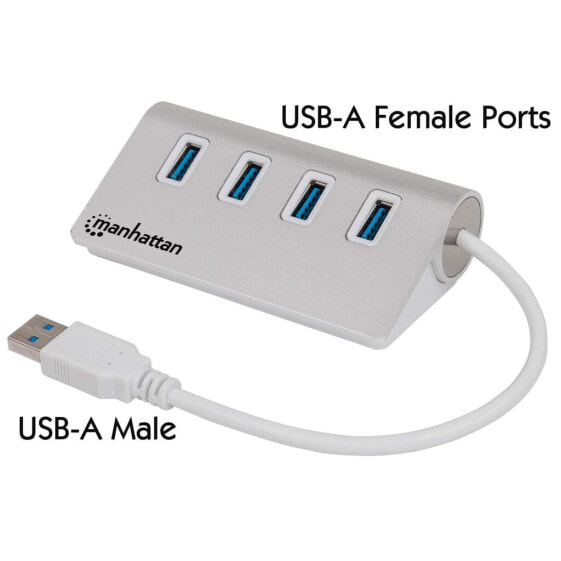 Manhattan USB-A 4-Port Hub - 4x USB-A Ports - 5 Gbps (USB 3.2 Gen1 aka USB 3.0) - Bus Powered - Fast charging up to 0.9A - SuperSpeed USB - Aluminium Housing - Windows and Mac - Silver - Three Year Warranty - Blister - USB 3.2 Gen 1 (3.1 Gen 1) Type-A - USB 3.2 Gen