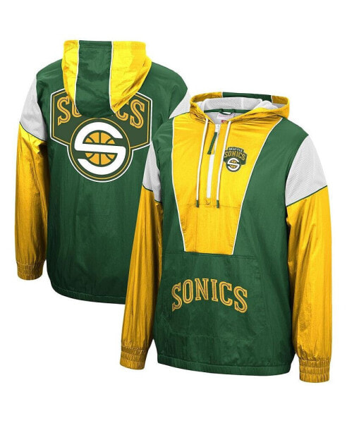 Men's Green, Gold Seattle Supersonics Hardwood Classics Highlight Reel Windbreaker Hoodie Half-Zip Jacket