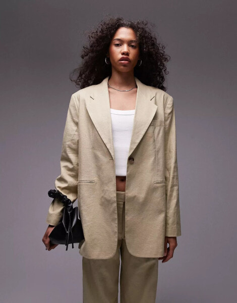 Topshop high break oversized linen blazer in sand