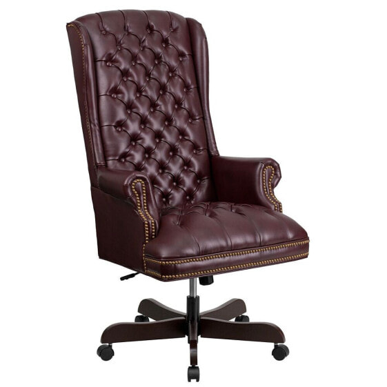 High Back Traditional Tufted Burgundy Leather Executive Swivel Chair With Arms