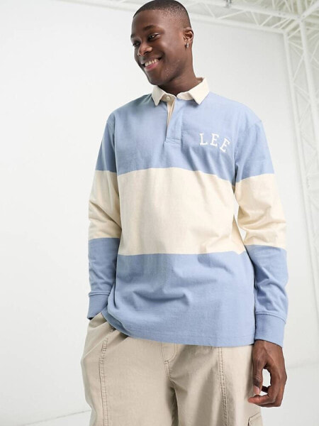 Lee logo colour block rugby polo in light blue