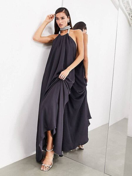 ASOS EDITION rope diamante neck detail satin halter maxi dress in charcoal