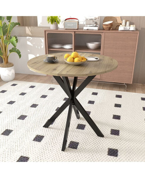 31.5" Round Dining Table, Modern Industrial Style, MDF Top, Black Metal Legs