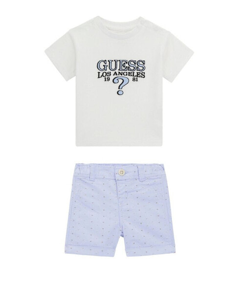 Baby Boys Short Sleeve with Embroidered Logo and Stretch Printed Woven Shorts Set
