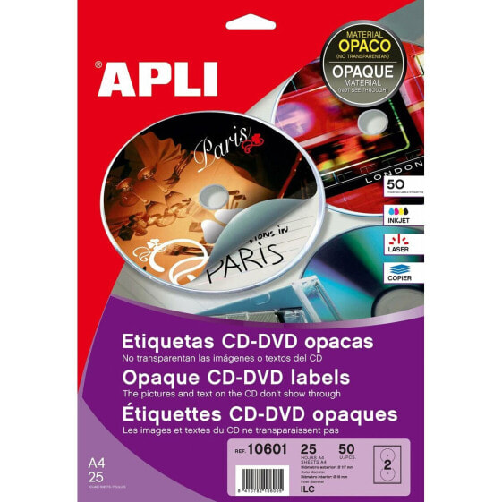 Printer Labels Apli 10601 Circular CD/DVD White 25 Sheets Ø 117 mm