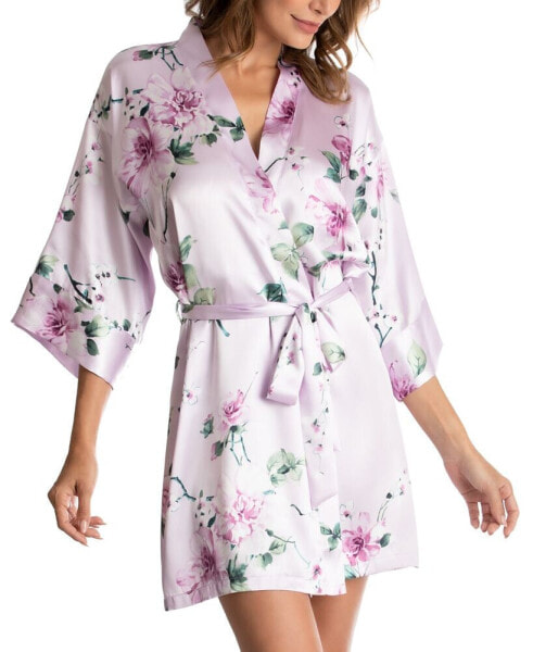 Floral-Print Satin Wrap Robe