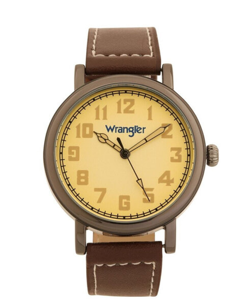 Men's Watch, 50MM Antique Grey Case with Beige Dial, White Arabic Numerals, with White Hands, Brown Strap with White Stitching, Over Sized Crown