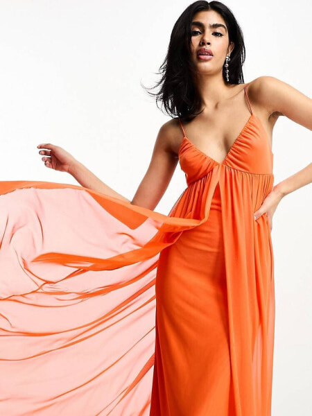 ASOS DESIGN cami mesh overlay skater maxi dress in orange