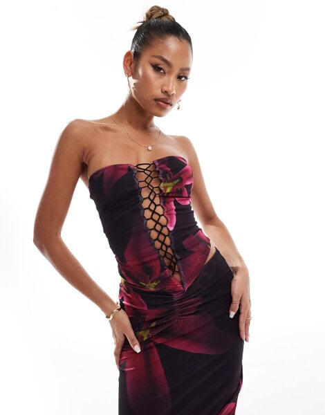 Murci exclusive mesh lace up bandeau top co-ord in purple lily print