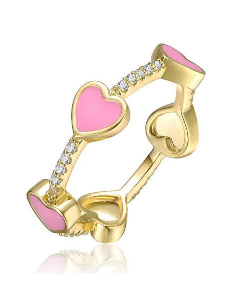 Kids Sterling Silver 14k Gold Plated with Cubic Zirconia Enamel Heart Stacking Ring