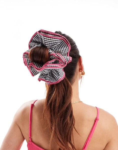 DesignB London gingham hair scrunchie with contrast pink stitching