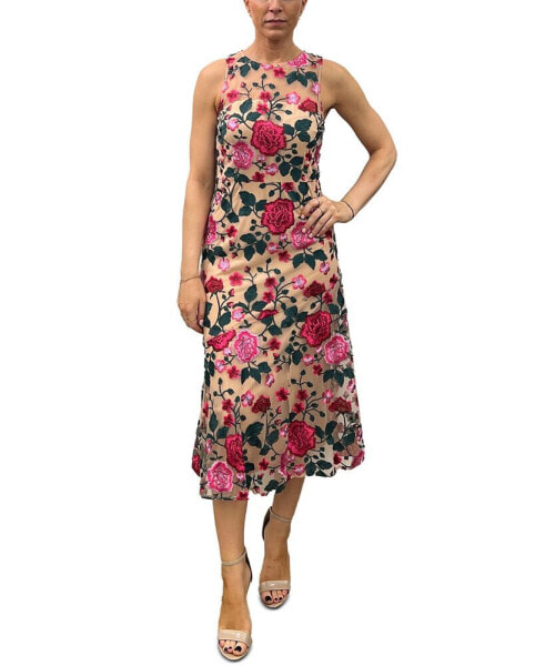 Women's Pink Rose Embroidered Sleeveless Dress