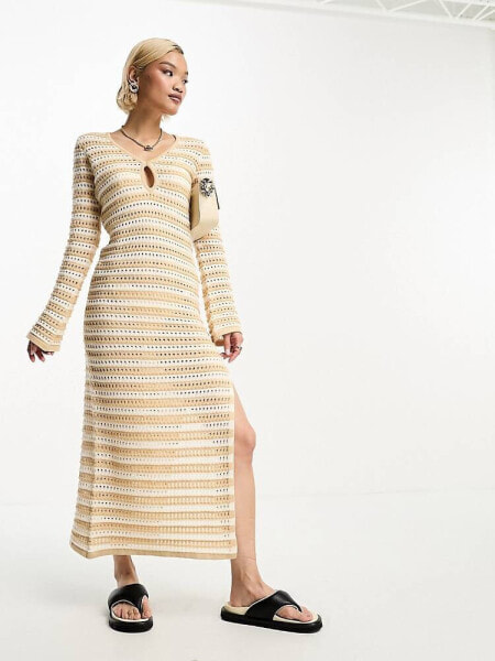 4th & Reckless crochet side split maxi dress with thigh split in beige stripe