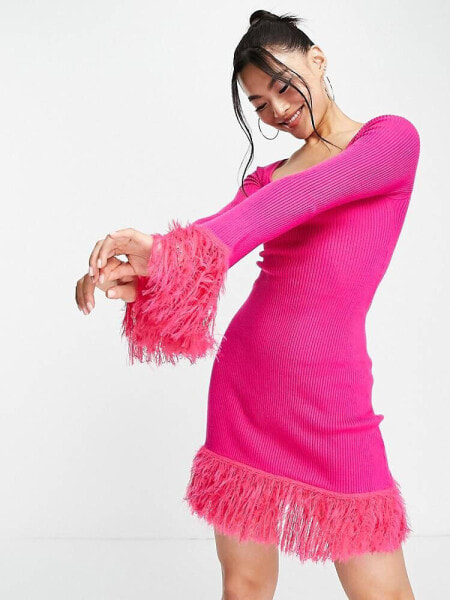 ASOS DESIGN knitted mini dress with feather hem in pink