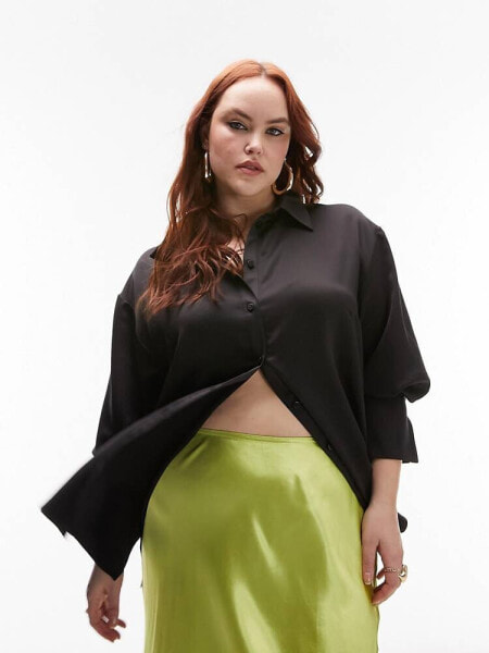 Topshop Curve satin oversized shirt in black