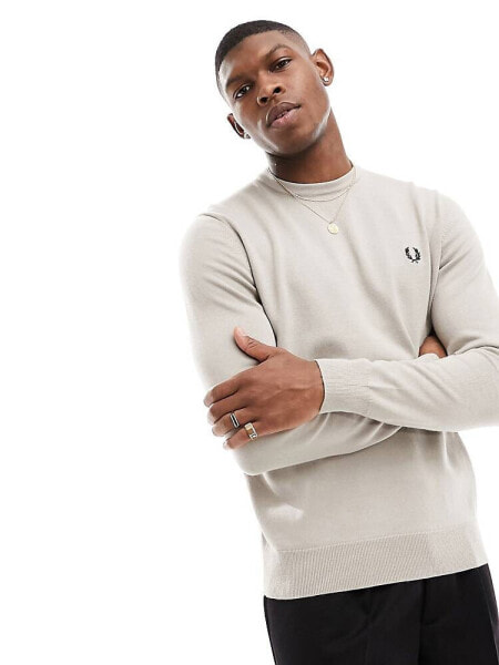 Fred Perry classic crew neck jumper in beige 