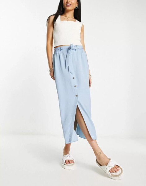 ASOS DESIGN button through midi skirt with tie waist in blue